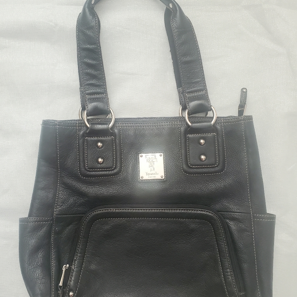 TIGNELLELLO Black Pebbled Leather Shoulder Bag Tote Purse Handbag